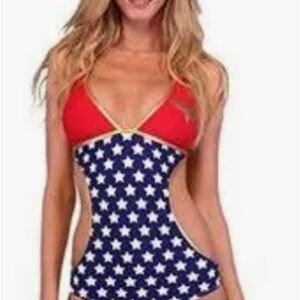 Red and Blue One Piece Swimwear with Sweetheart Neckline